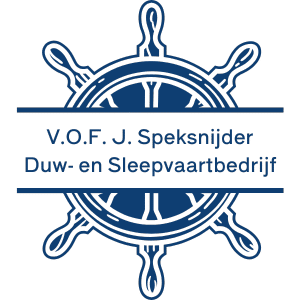 Logo van V.O.F. J. Speksnijder Duw- en Sleepvaartbedrijf: een blauw gestileerd scheepsroer met daarlangs de bedrijfsnaam in hoofdletters